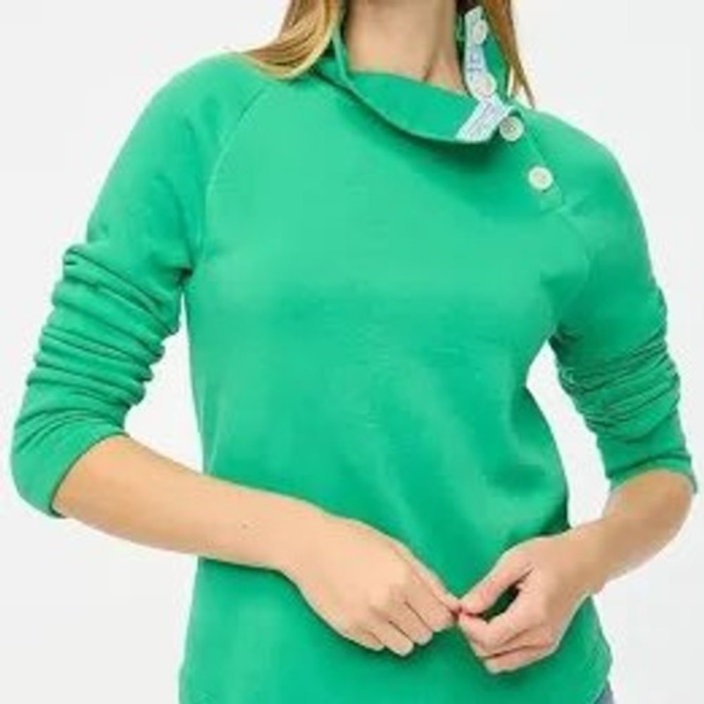 J.Crew Sweatshirt Womens Medium Green Excellent Mock Neck Button Shoulder Fleece